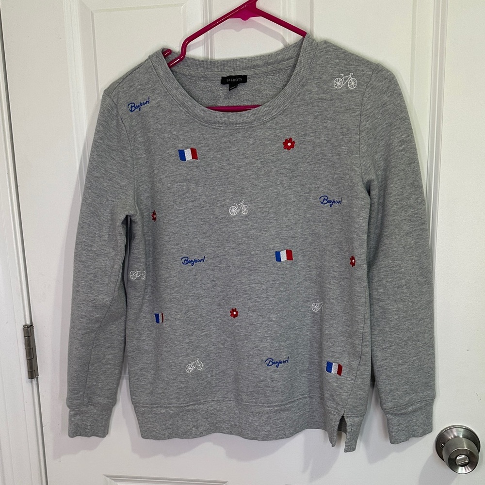Talbots Grey Crewneck Sweatshirt with Embroidered French Motifs Size Small
